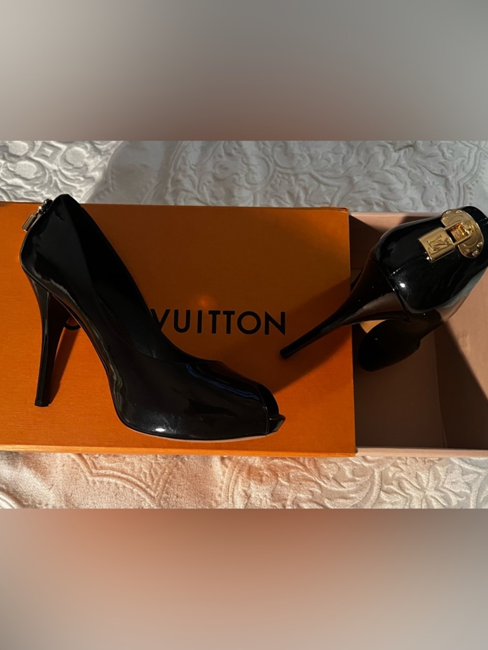 Louis Vuitton Navy Blue Patent Leather Peep Toe Stiletto Heels
